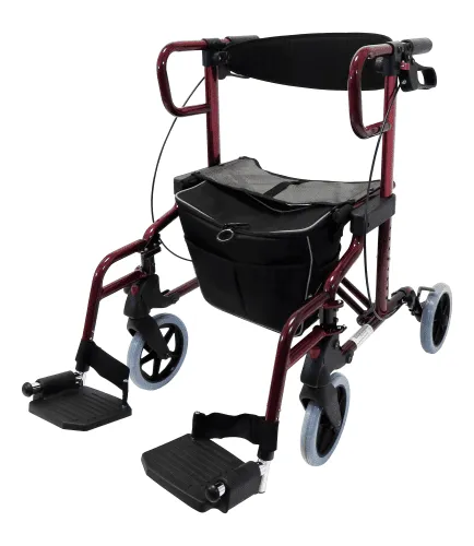 Rollator und Transportrollstuhl Diamond Deluxe mit Fußstützen rot
