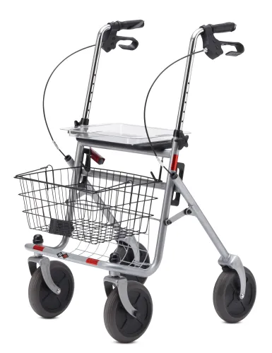 Rollator SENIO mit Tablett, Korb, Sitz und Stockhalter, PU, silber
