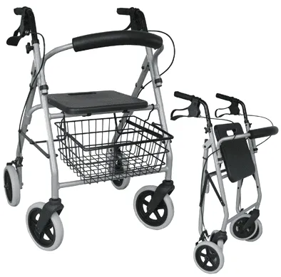 Leichtgewichtrollator Gigo 2G anatomische Griffe, Tablett, Korb, silber