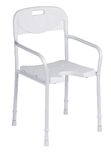 Duschstuhl 9401-A höhenverstellbar mit Armlehnen und Hygieneausschnitt starr weiß