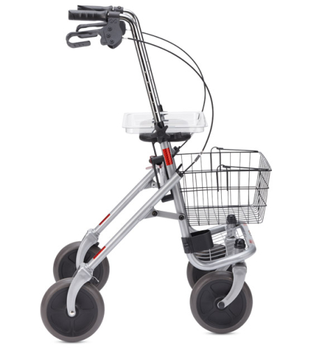 Rollator SENIO mit Tablett, Korb, Sitz und Stockhalter, PU, silber